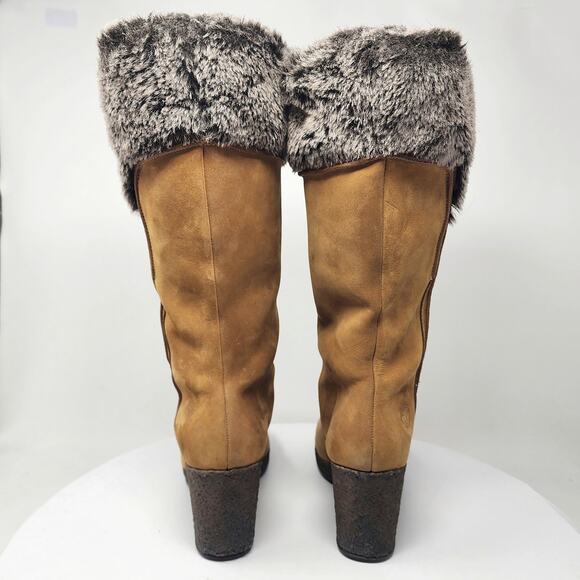 Timberland Monogram Tall Boot Women 8M Tan Wheat Suede Faux Fur Trim Wedge 86334 - Picture 5 of 12